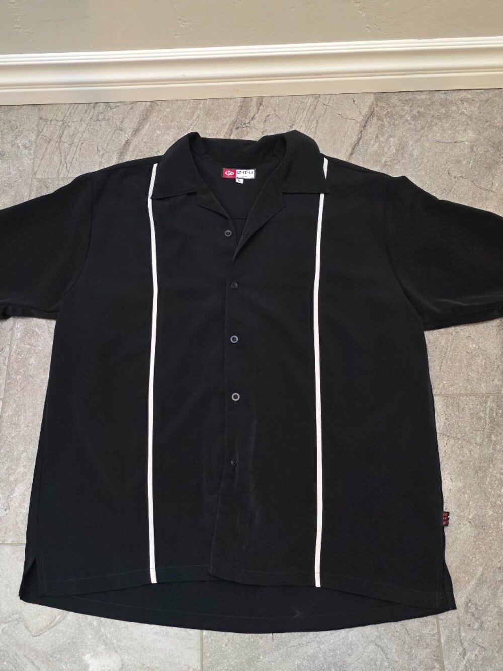 Vintage IZ IT U Bowling Shirt Mens Large Black Retro USA Rockabilly white stripe